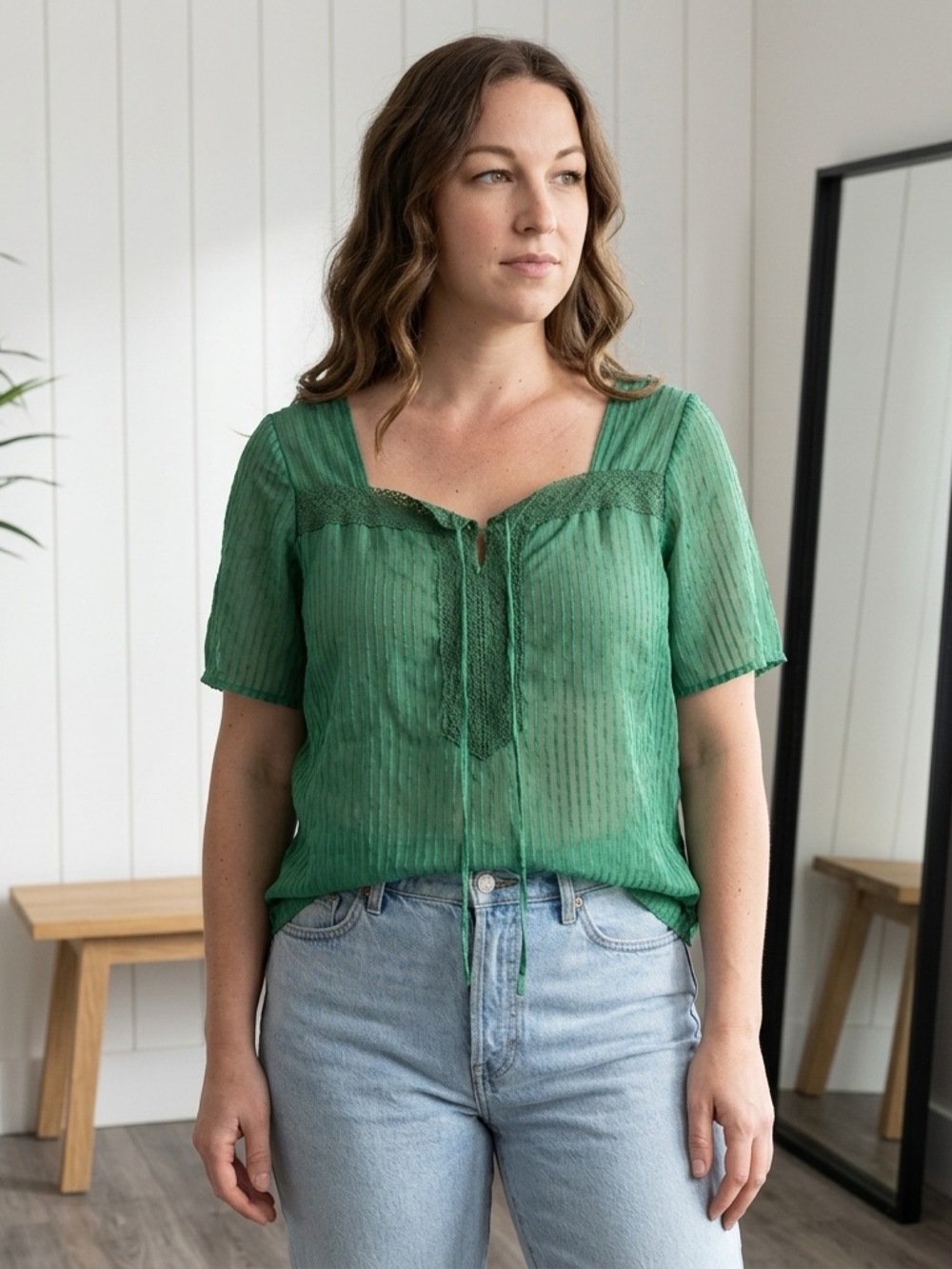 Emerald Green Fairy Lace Pleated Blouse Fairycore Peasant Sheer Top Medium
